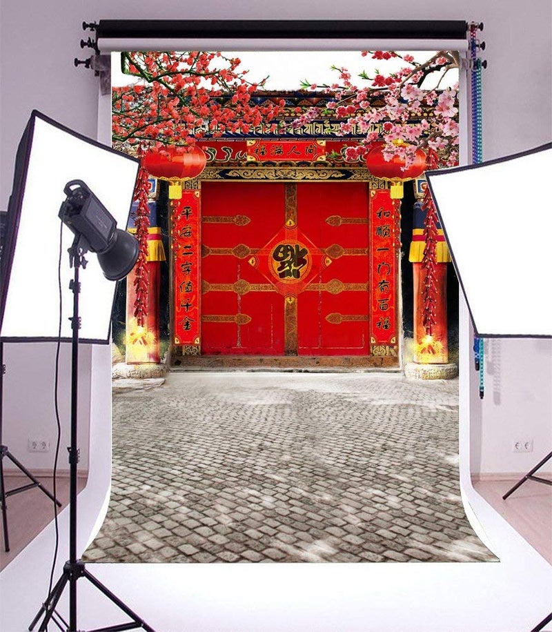 AOFOTO 8x10ft Lunar New Year Backdrop Chinese New Year Decorations Spring Festival Couplets Backgrounds China Red Gate Courtyard Firecrackers Lantern Bloom Plum Flowers Backdrop Family Portrait Props - Image 4